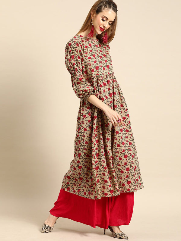 Women's Beige Calf Length Three-Quarter Sleeves A-Line Floral Printed Cotton Kurta - Nayo Clothing