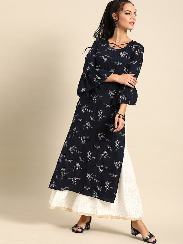 Women's Nayo Navy Blue Calf Length Three-Quarter Sleeves Straight Floral Printed Cotton Kurta - Nayo Clothing