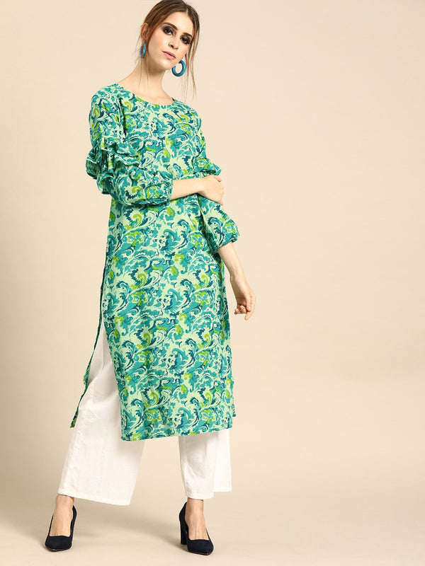 Women's Nayo Green Calf Length Long Sleeves Straight Floral Printed Cotton Kurta - Nayo Clothing