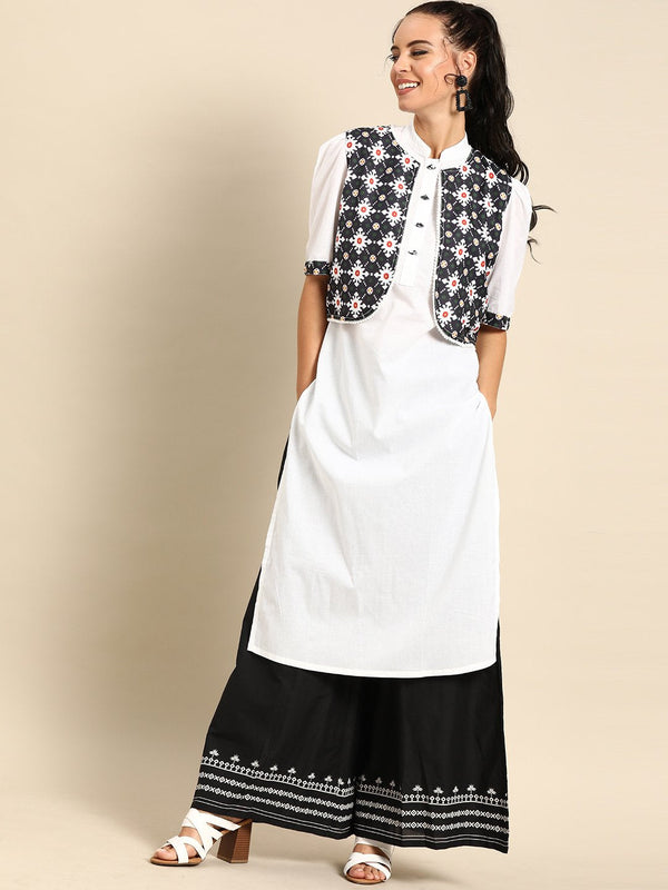 Women's Nayo White Calf Length Short Sleeves Straight Solid Cotton Kurta With Jacket - Nayo Clothing