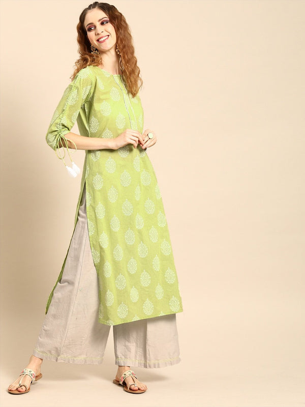 Women's Pistachio Green Calf Length Three-Quarter Sleeves Straight Ethnic Motifs Printed Cotton Kurta - Nayo Clothing