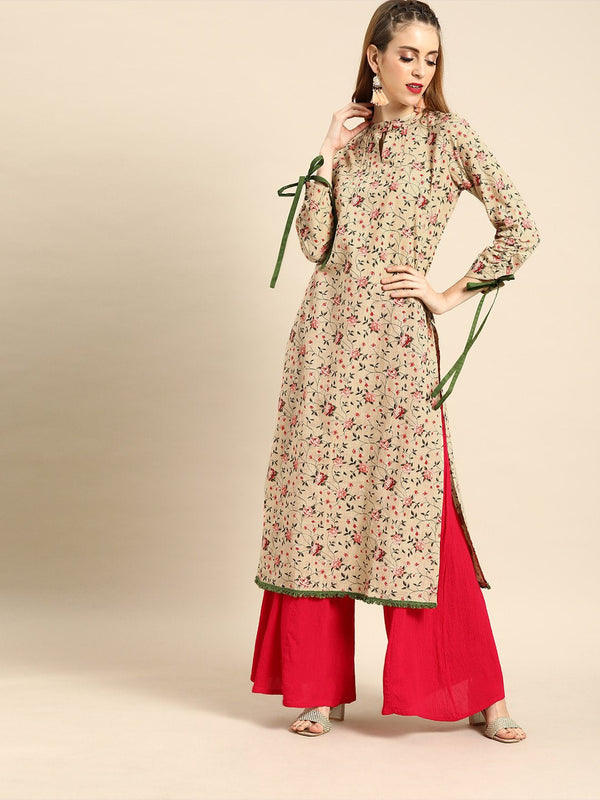 Women's Beige Calf Length Long Sleeves Straight Floral Printed Cotton Kurta - Nayo Clothing