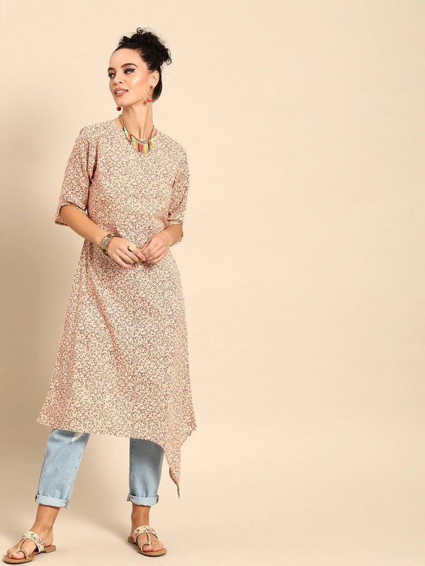 Women's Beige Calf Length Three-Quarter Sleeves A-Line Floral Printed Cotton Kurta - Nayo Clothing