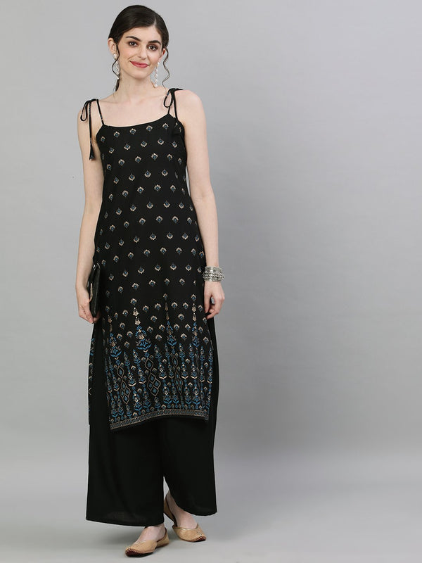 Women's Black Calf Length Sleeveless Straight Ethnic Motifs Printed Cotton Kurta - Nayo Clothing