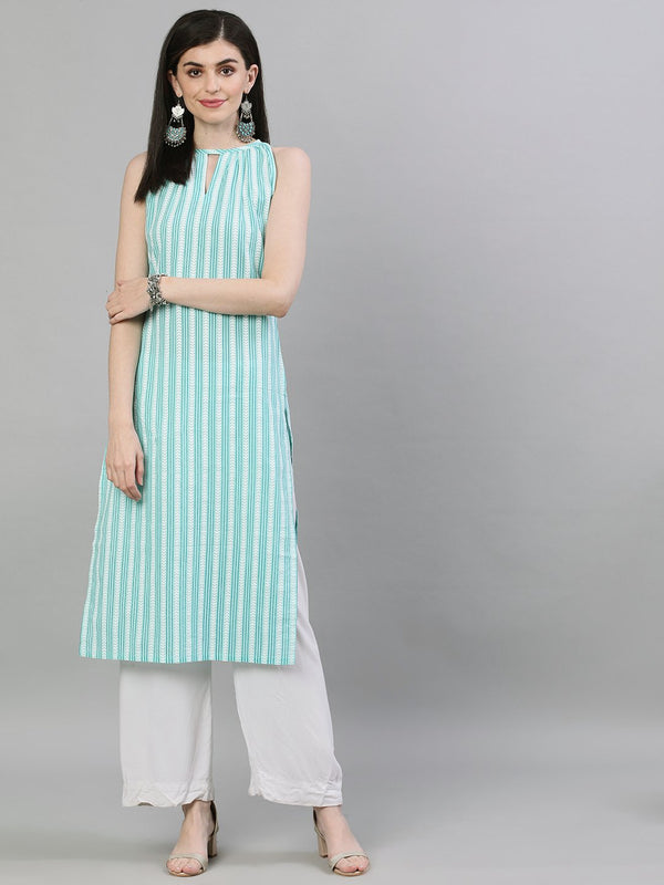 Women's Aqua Green Calf Length Sleeveless Straight Striped Printed Cotton Kurta - Nayo Clothing