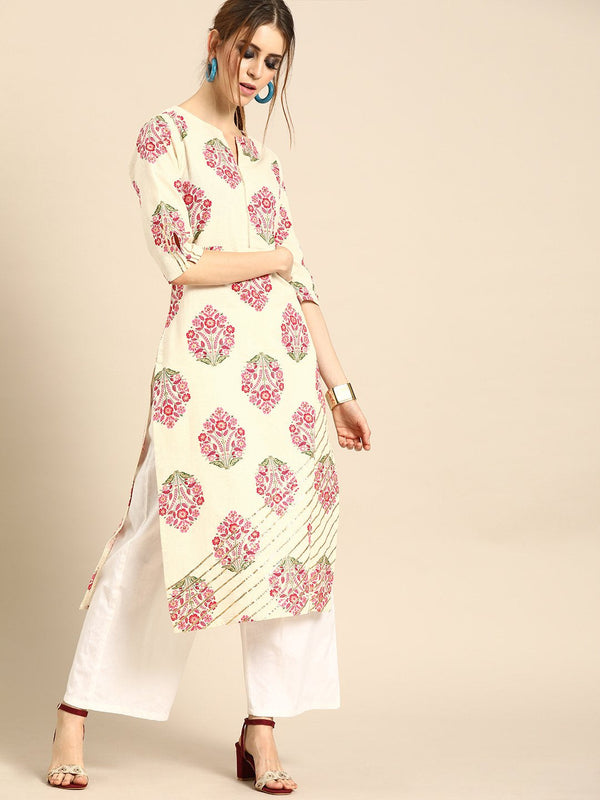 Women's Cream Calf Length Three-Quarter Sleeves Straight Ethnic Motifs Printed Cotton Kurta - Nayo Clothing