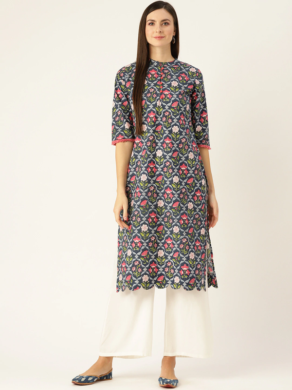 Women's Blue Calf Length Three-Quarter Sleeves Straight Floral Printed Cotton Kurta - Nayo Clothing