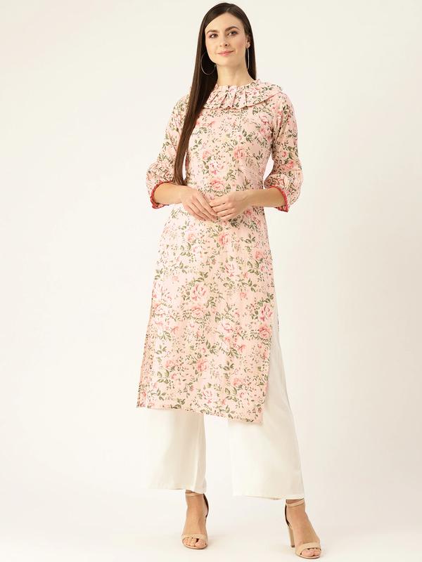 Women's Pastel Pink Calf Length Three-Quarter Sleeves Straight Floral Printed  Kurta - Nayo Clothing