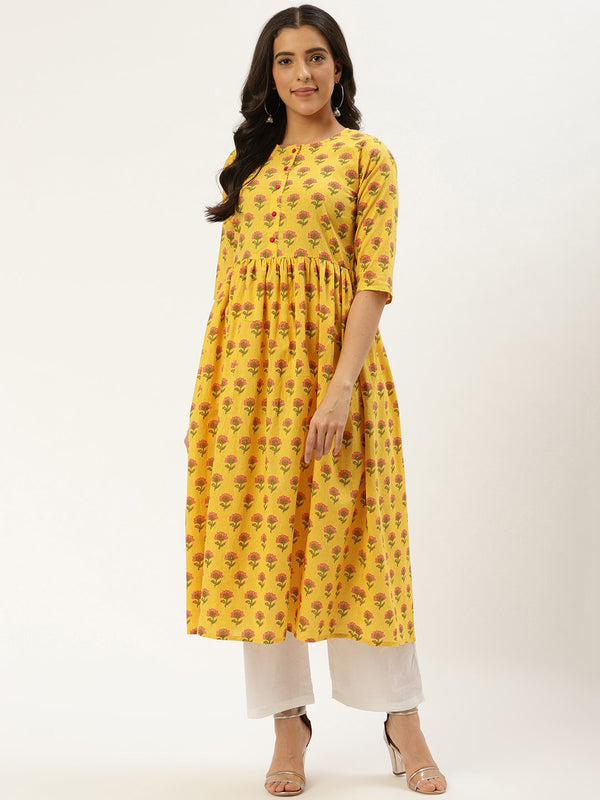 Women's Yellow Three-Quarter Sleeves Flared Kurta And Palazzo Set - Nayo Clothing