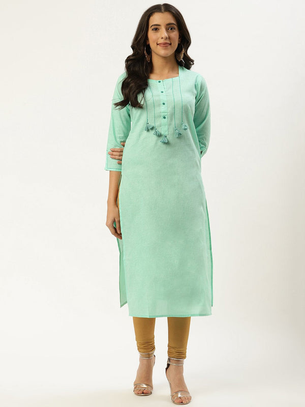 Women's Green Calf Length Three-Quarter Sleeves Straight Solid Cotton Kurta - Nayo Clothing