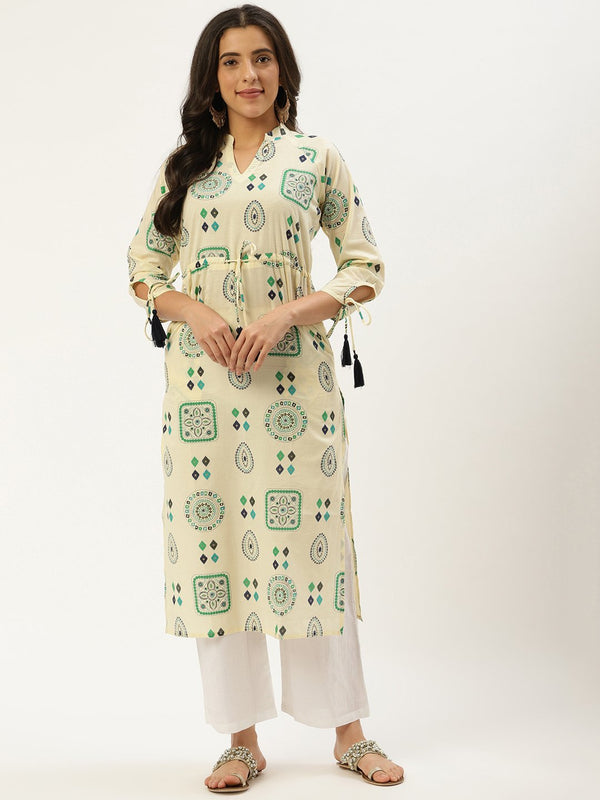 Women's Cream Calf Length Long Sleeves A-Line Ethnic Motifs Cotton Kurta - Nayo Clothing