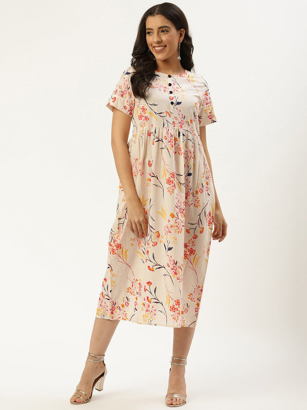 Women's Yellow Floral Printed Round Neck Cotton A-Line Dress - Nayo Clothing