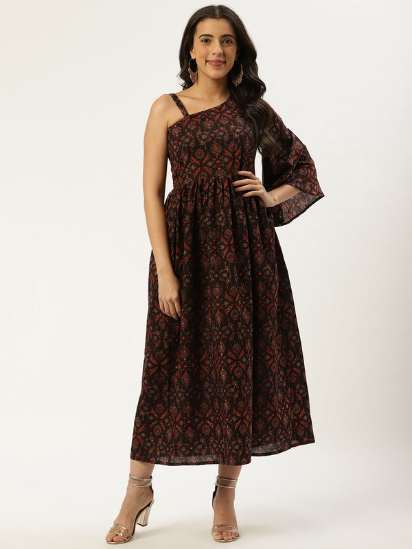 Women's Black Ethnic Motifs Printed One Shoulder Cotton A-Line Dress - Nayo Clothing