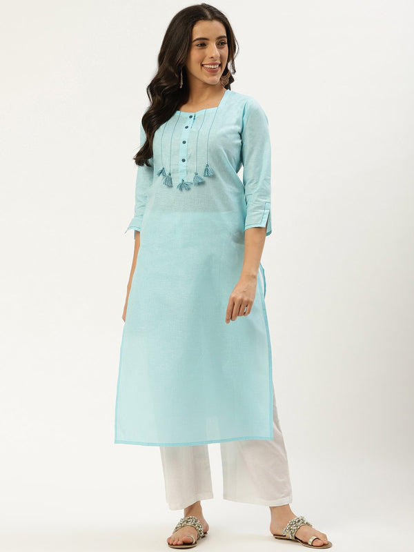 Women's Light Blue Calf Length Three-Quarter Sleeves Straight Solid Cotton Kurta - Nayo Clothing