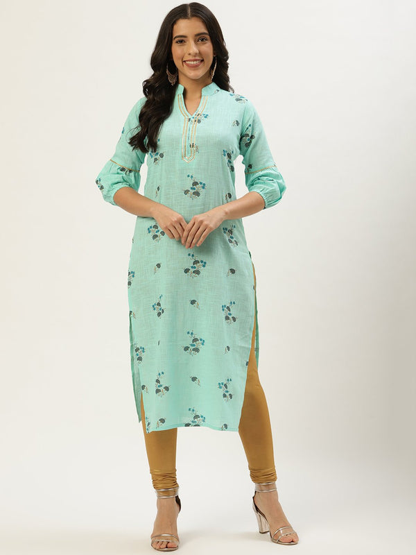 Women's Pastel Green Calf Length Three-Quarter Sleeves Straight Floral Cotton Kurta - Nayo Clothing