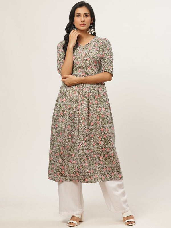 Women's Multi Calf Length Three-Quarter Sleeves A-Line Floral Printed Cotton Kurta - Nayo Clothing