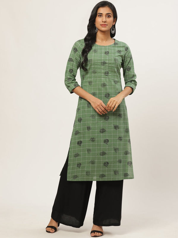 Women's Green Calf Length Three-Quarter Sleeves Straight Ethnic Motifs Yoke Design Cotton Kurta - Nayo Clothing