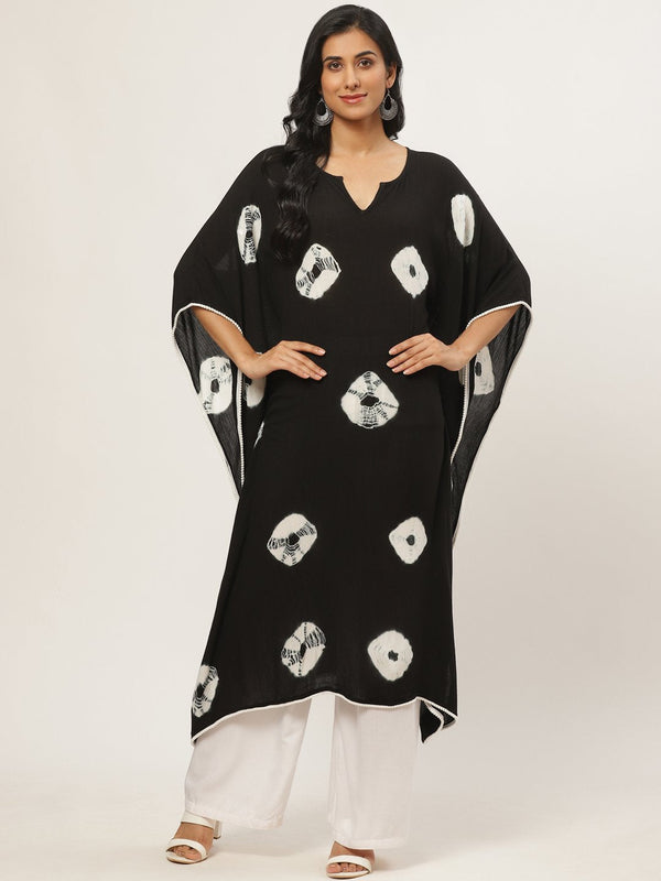 Women's Black Calf Length Short Sleeves Kaftan Bandhani Printed Cotton Kurta - Nayo Clothing