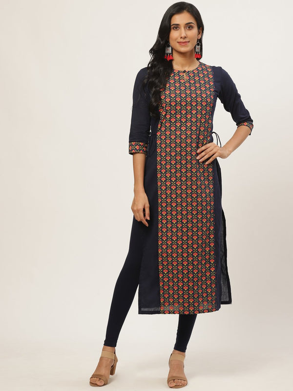 Women's Navy Blue Calf Length Three-Quarter Sleeves Straight Floral Printed Cotton Kurta - Nayo Clothing