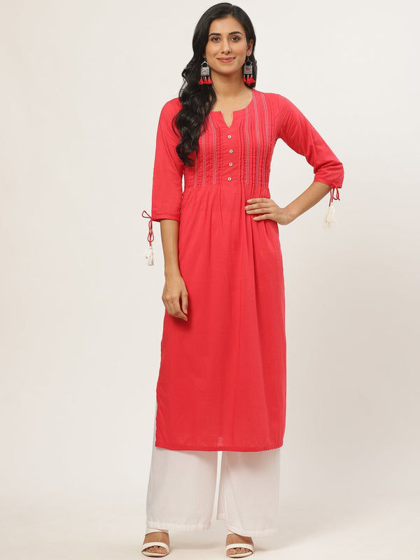 Women's Red Calf Length Three-Quarter Sleeves A-Line Solid Yoke Design Cotton Kurta - Nayo Clothing