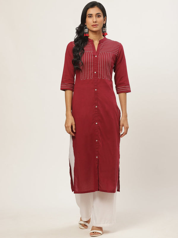 Women's Maroon Calf Length Three-Quarter Sleeves Straight Solid Solid Cotton Kurta - Nayo Clothing