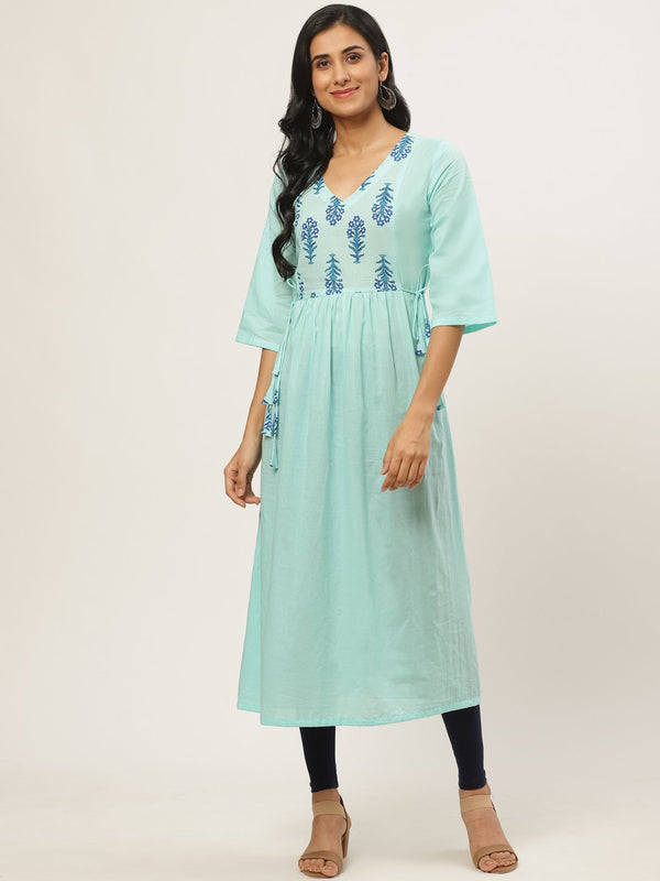 Women's Blue Calf Length Three-Quarter Sleeves A-Line Solid Solid Cotton Kurta - Nayo Clothing