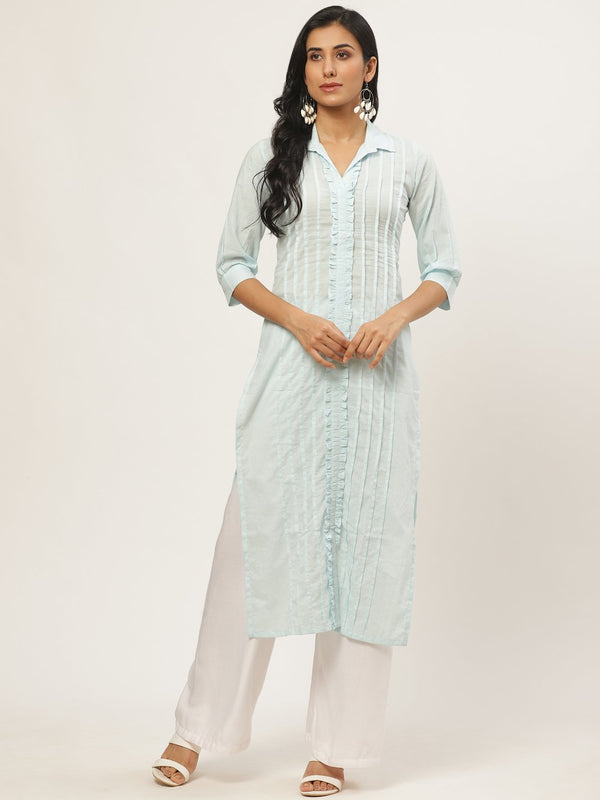 Women's Blue Calf Length Three-Quarter Sleeves Straight Solid Solid Cotton Kurta - Nayo Clothing