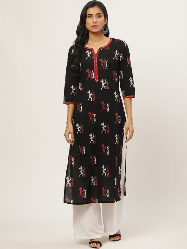 Women's Black Calf Length Three-Quarter Sleeves Straight Quirky Printed Cotton Kurta - Nayo Clothing