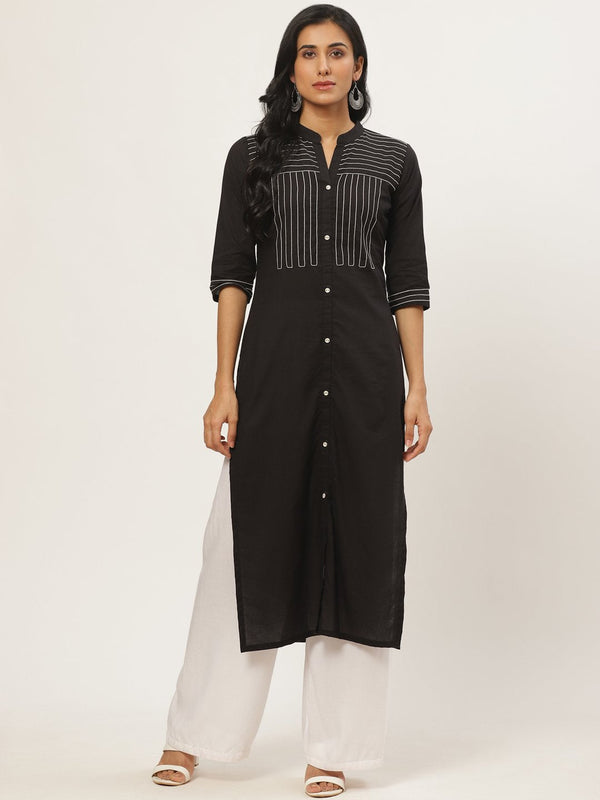 Women's Black Calf Length Three-Quarter Sleeves Straight Solid Yoke Design Cotton Kurta - Nayo Clothing