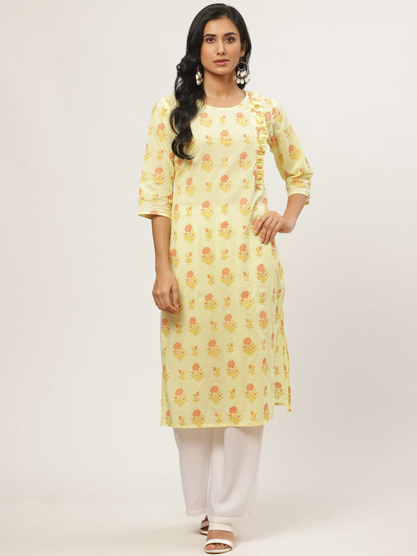 Women's Yellow Calf Length Three-Quarter Sleeves Straight Floral Yoke Design Cotton Kurta - Nayo Clothing