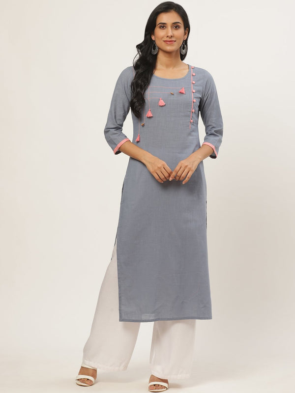 Women's Grey Calf Length Three-Quarter Sleeves Straight Solid Yoke Design Cotton Kurta - Nayo Clothing