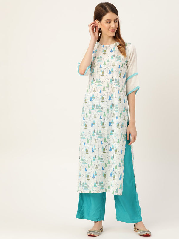 Women's White Calf Length Three-Quarter Sleeves Straight Quirky Printed Cotton Kurta - Nayo Clothing