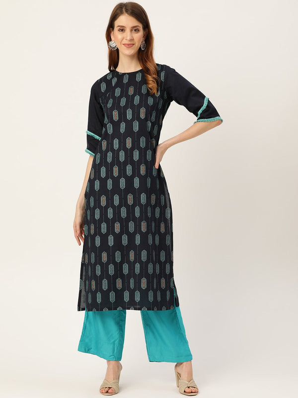 Women's Navy Blue Calf Length Three-Quarter Sleeves Straight Ethnic Motifs Printed Cotton Kurta - Nayo Clothing