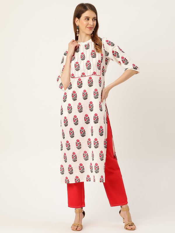 Women's White Calf Length Three-Quarter Sleeves Straight Floral Printed Cotton Kurta - Nayo Clothing