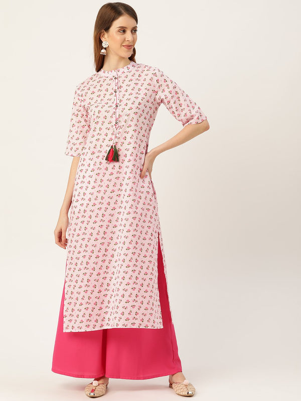 Women's Pink Calf Length Three-Quarter Sleeves Straight Floral Printed Cotton Kurta - Nayo Clothing