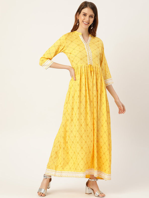 Women's Yellow Floral Printed Mandarin Collar Viscose Rayon Fit And Flare Dress - Nayo Clothing