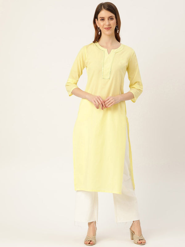 Women's Limeyellow Calf Length Three-Quarter Sleeves Straight Solid Solid Cotton Kurta - Nayo Clothing