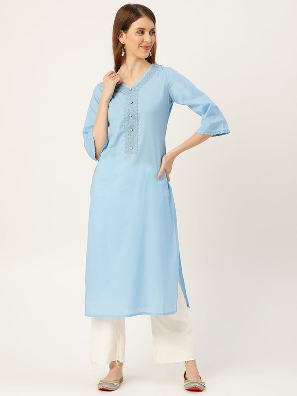 Women's Blue Calf Length Three-Quarter Sleeves Straight Solid Solid Cotton Kurta - Nayo Clothing