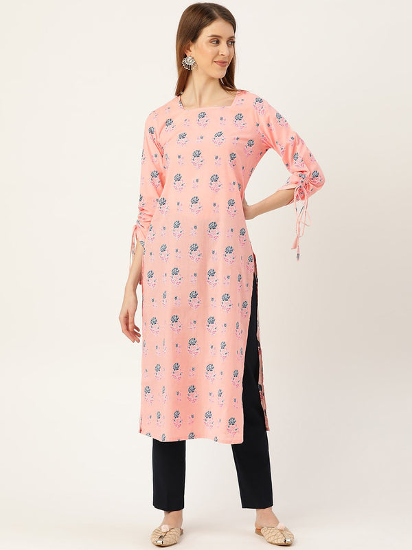 Women's Pink Calf Length Long Sleeves Straight Floral Printed Cotton Kurta - Nayo Clothing