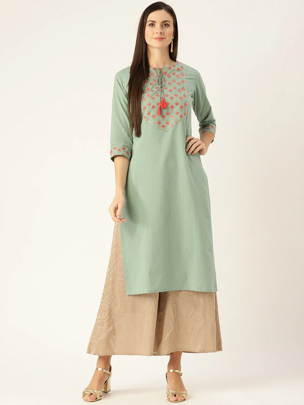 Women's Blue Calf Length Three-Quarter Sleeves A-Line Solid Yoke Design Cotton Kurta - Nayo Clothing