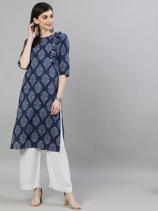 Women's Navy Blue & White Printed Straight Kurta - Nayo Clothing