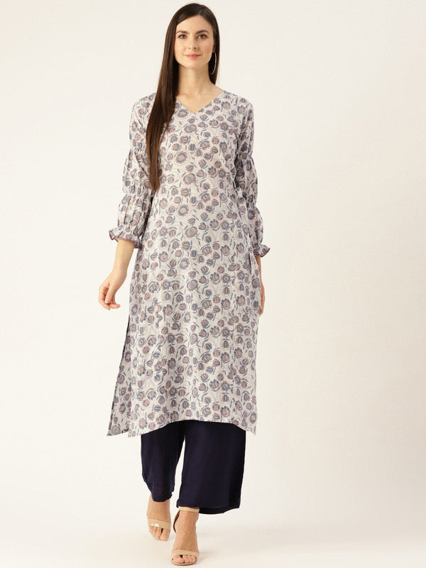 Women's Grey Calf Length Three-Quarter Sleeves A-Line Floral Printed Cotton Kurta - Nayo Clothing