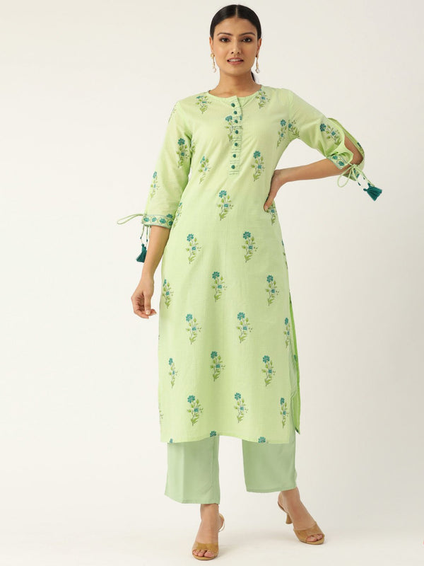 Women's Pista Green Calf Length Three-Quarter Sleeves Straight Floral Printed Cotton Kurta - Nayo Clothing