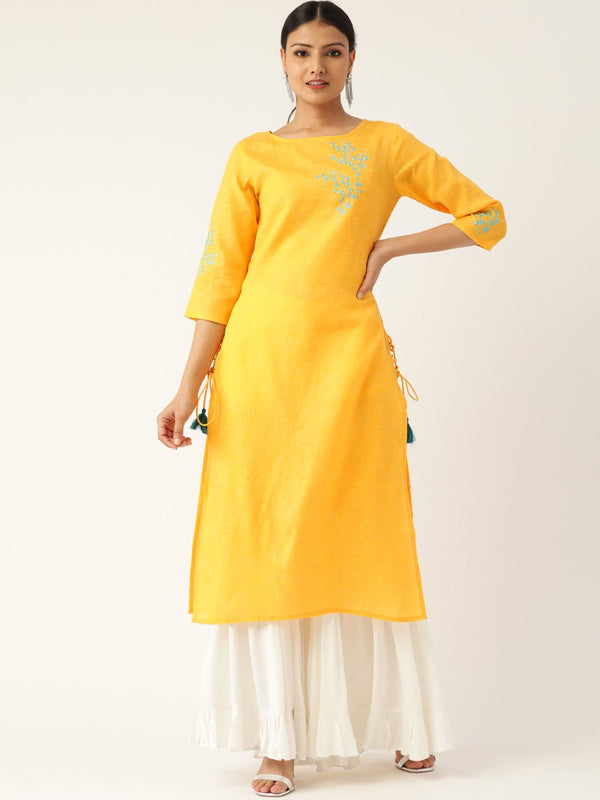 Women's Yellow Calf Length Three-Quarter Sleeves Straight Solid Embroidered Cotton Kurta - Nayo Clothing