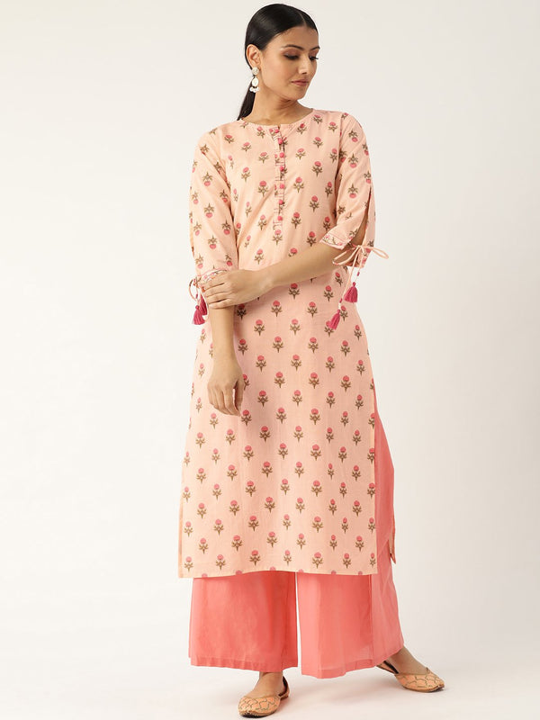 Women's Peach Calf Length Three-Quarter Sleeves Straight Floral Printed Cotton Kurta - Nayo Clothing