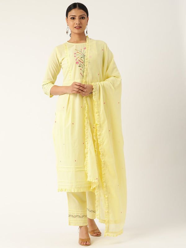 Women's Yellow & Pink Embroidered Kurta With Palazzos & Dupatta - Nayo Clothing