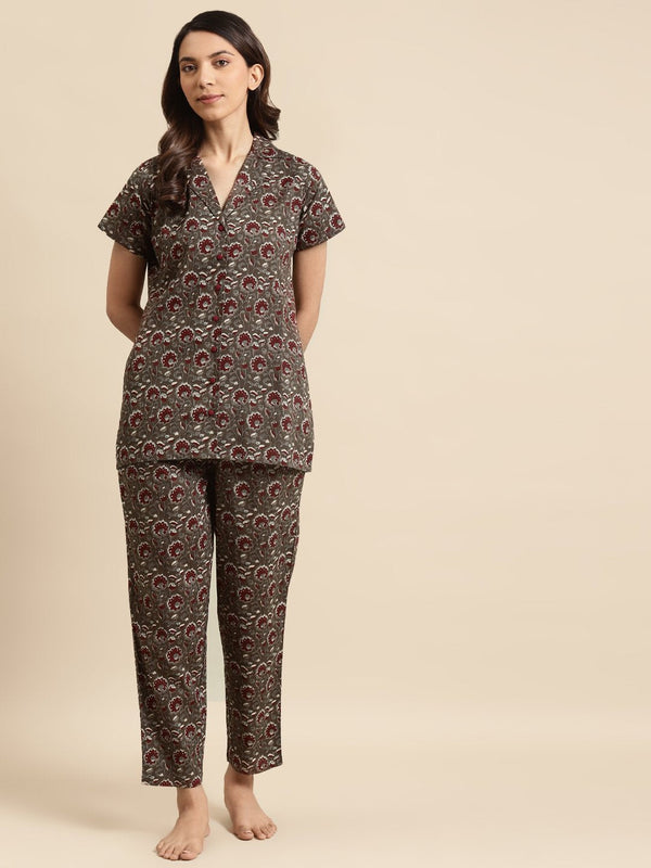 Women's Taupe & Maroon Printed Night Suit - Nayo Clothing