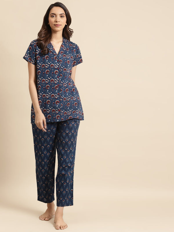 Women's Blue & Maroon Printed Night Suit - Nayo Clothing