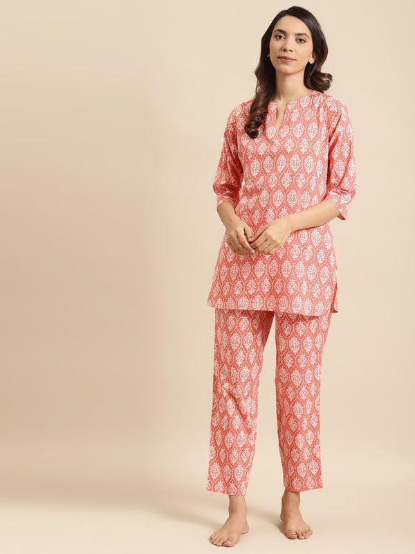 Women's Peach & Off White Printed Night Suit - Nayo Clothing