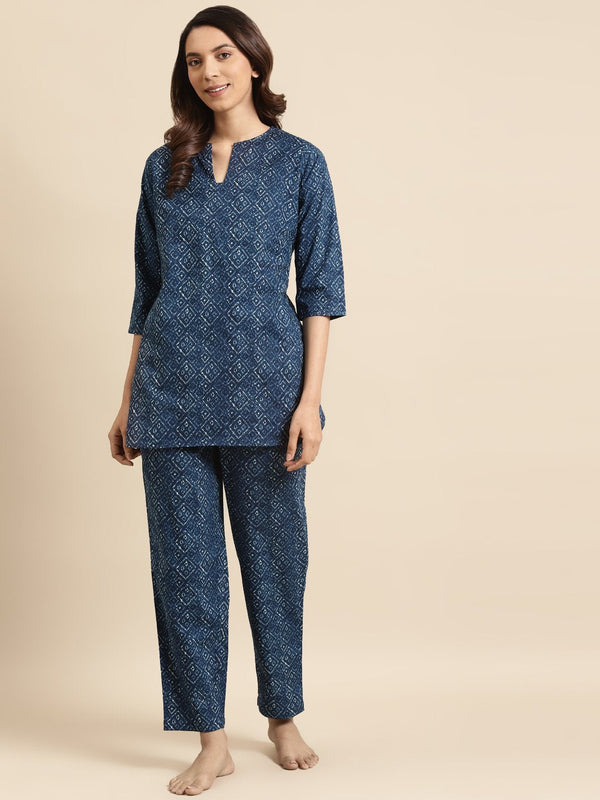 Women's Indigo Printed Night Suit - Nayo Clothing